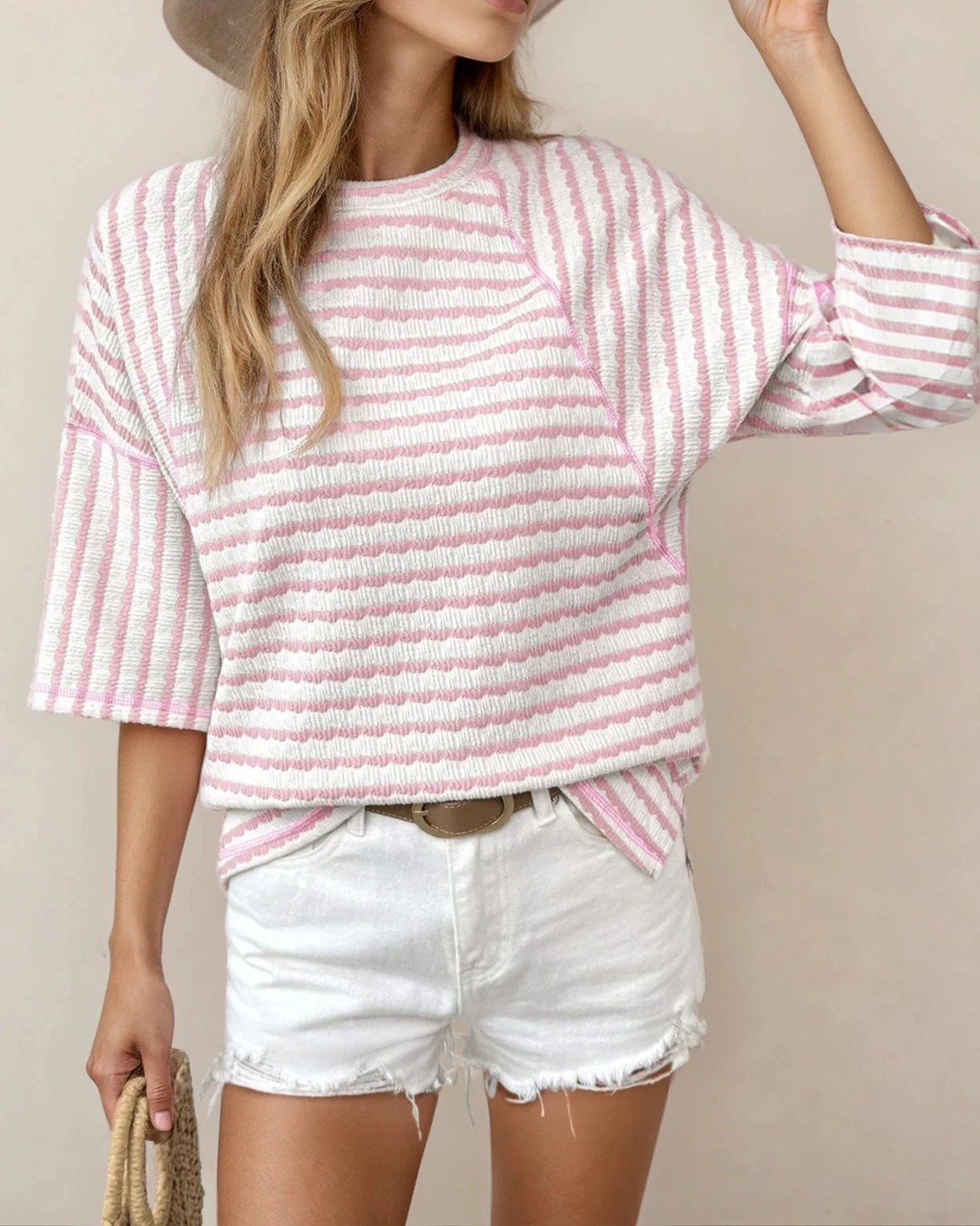 Noelle Textured Knit Split Hem Half Sleeve Loose Top - Pink Indie & Co.