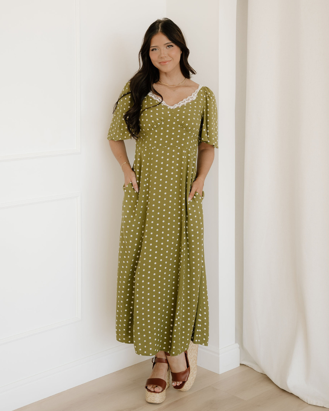 Maleah Polka Dot Print Lacy Neckline Smocked High Waist Maxi Dress Indie & Co.