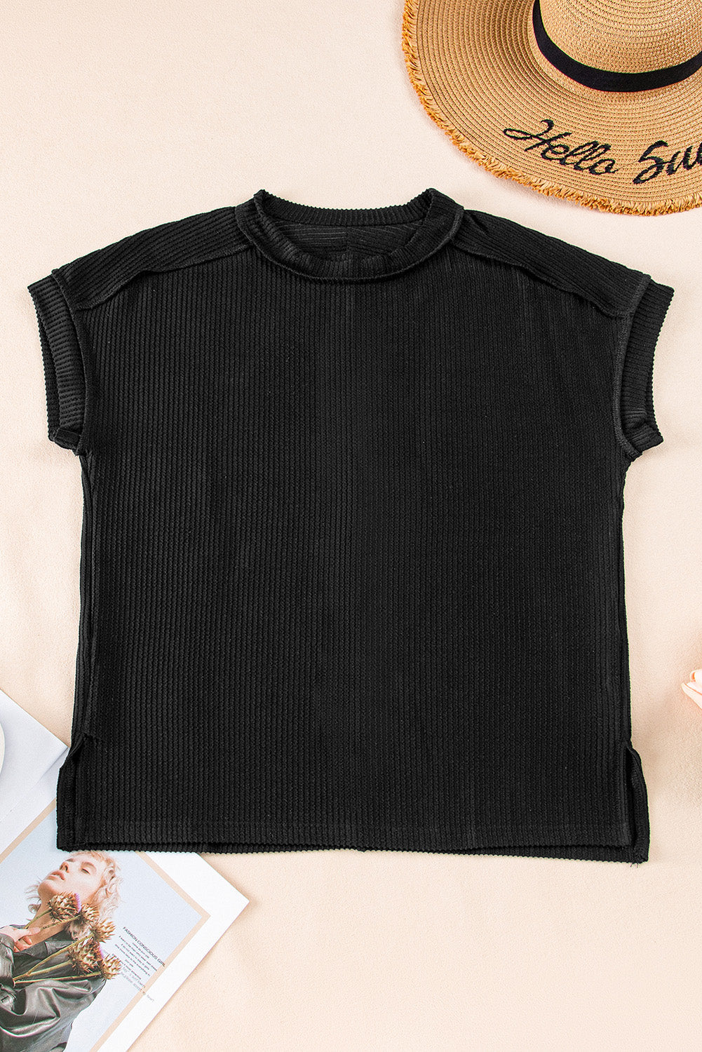 White Crinkle Rib Textured Knit Round Neck T Shirt