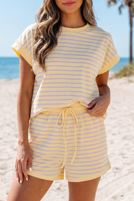 Yellow Stripe Relaxed Tee Drawstring Shorts 2pcs Outfit Unique Oils