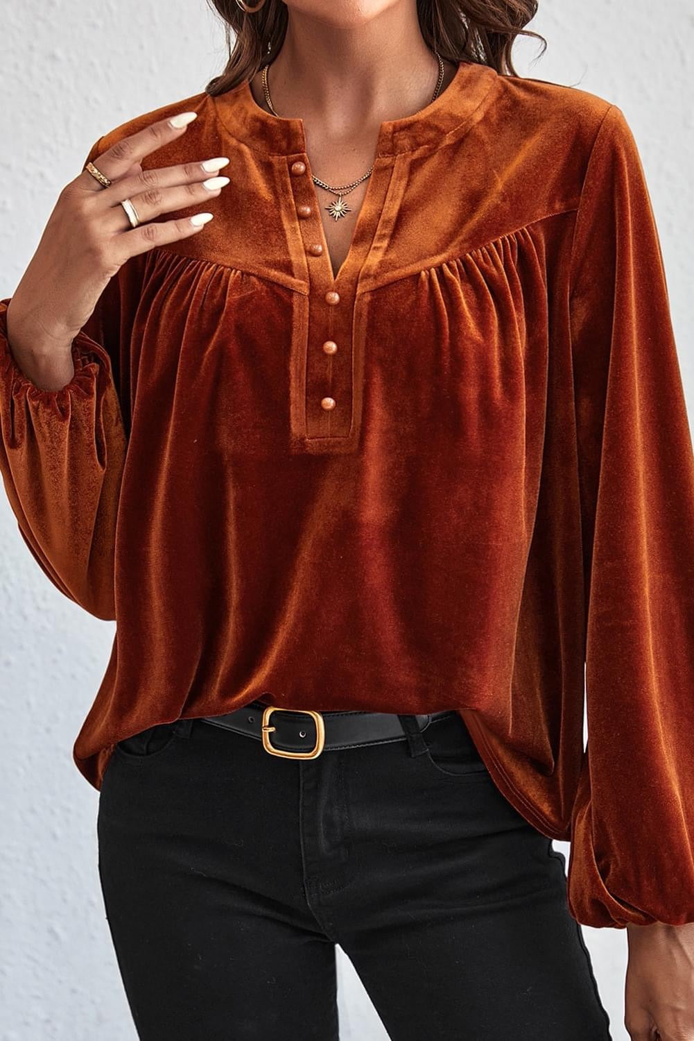 Unique Charm Gold Flame Lantern beaded 
v neck velvet Top