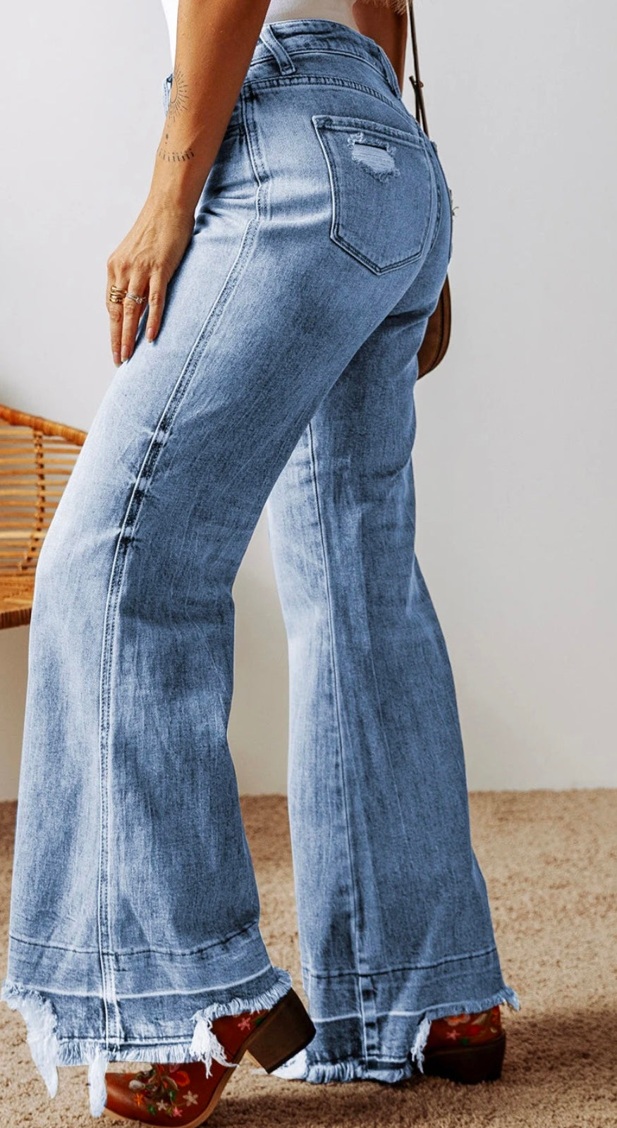 Wash Raw Hem High Waist Flared Jeans