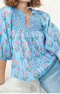 Floral Striped Tie Shirred Splie Neck Blouse