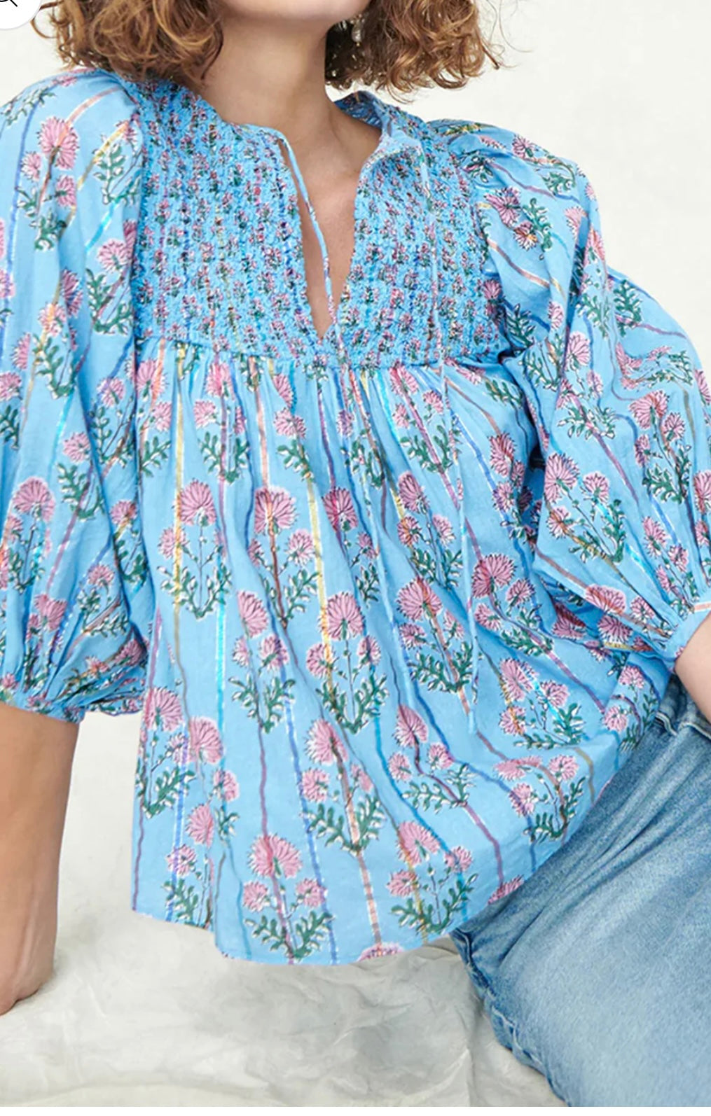 Floral Striped Tie Shirred Splie Neck Blouse