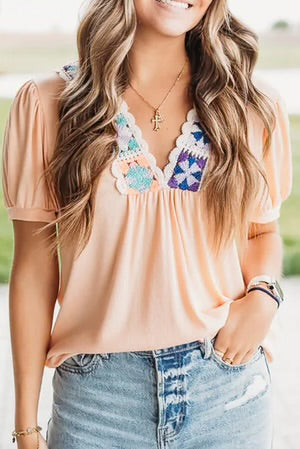 PALE CHESTNUT CAMERON CROCHET V-NECK BLOUSE **SHIPPING EXPECTED TO BEGIN ON DATE 3/12**