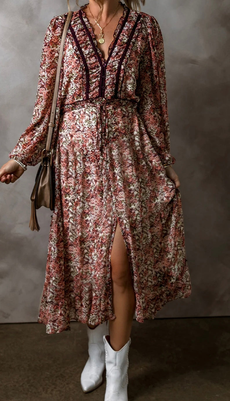 Floral Split Front Tiered Frilled Midi Dress- (Ships 10/8)