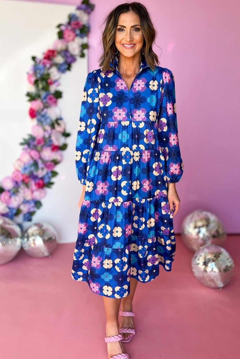 Bright Floral dreams Peasant Sleeve Tiered Ruffle Midi Dress