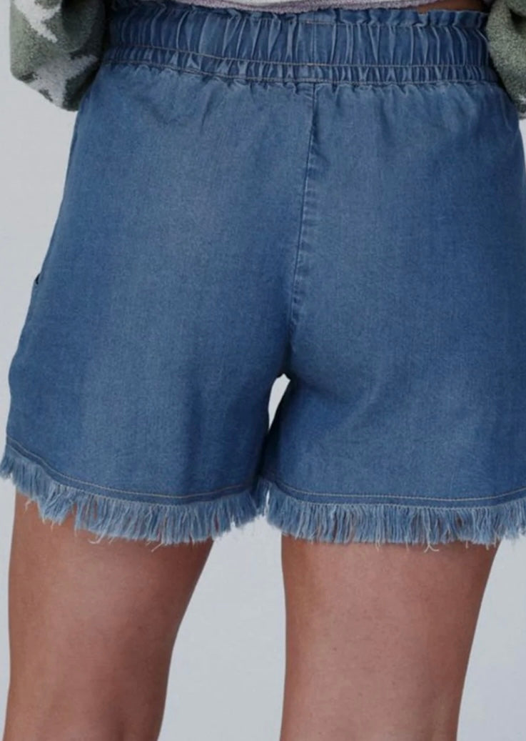 Raw Hem Drawstring High Waist Denim Shorts with Pockets