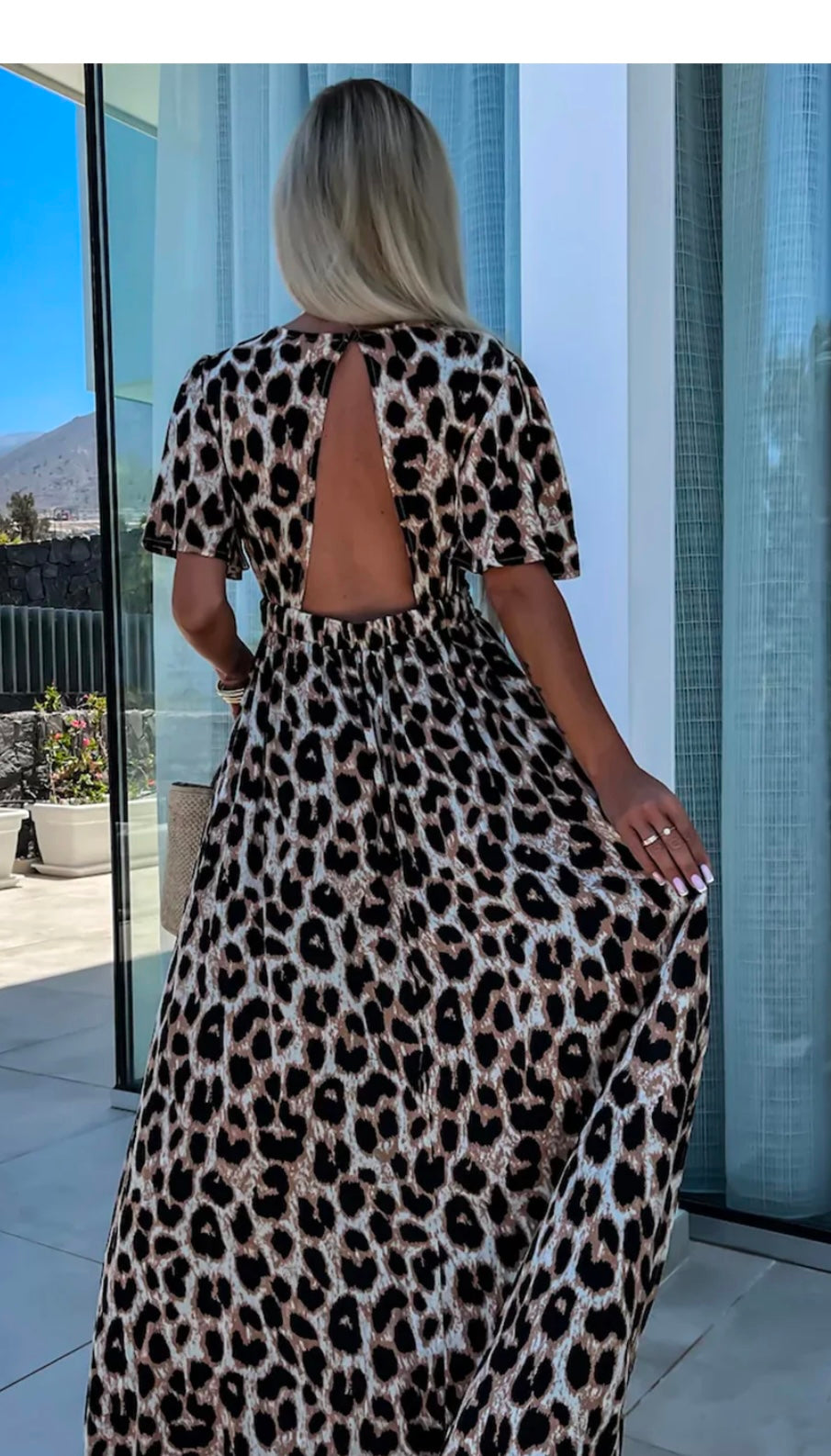 Leopard V Neck Cinched Open Back Maxi Dress