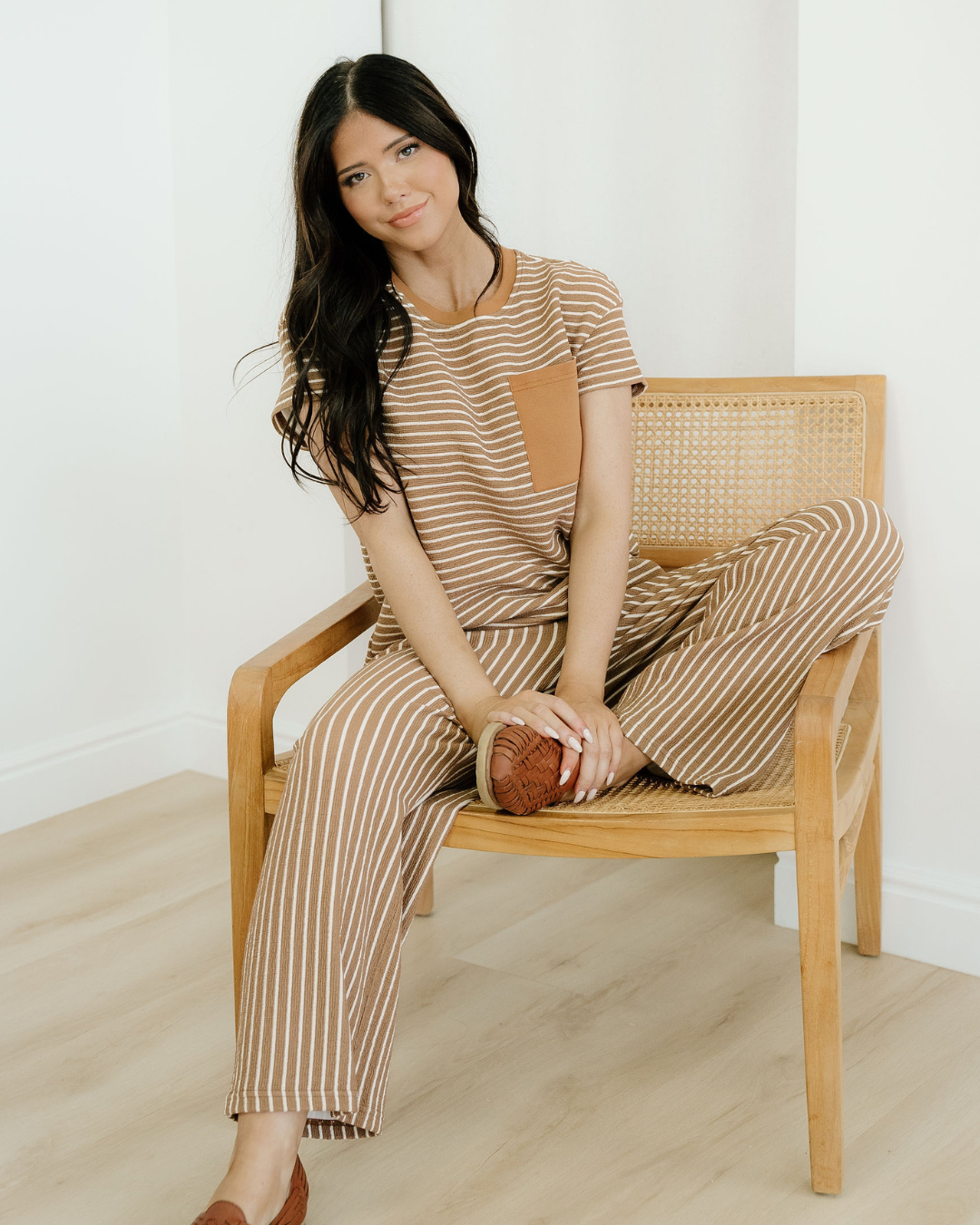 Rowen Stripe Crew Neck Tee Drawstring Waist Cropped Pants Set Indie & Co.