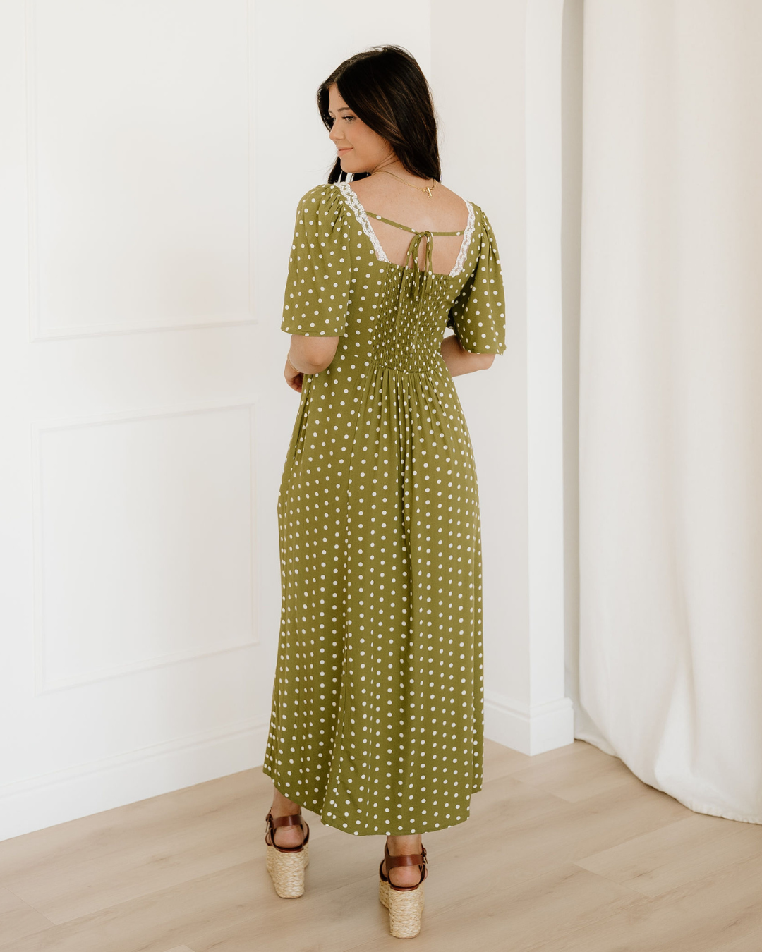 Maleah Polka Dot Print Lacy Neckline Smocked High Waist Maxi Dress Indie & Co.