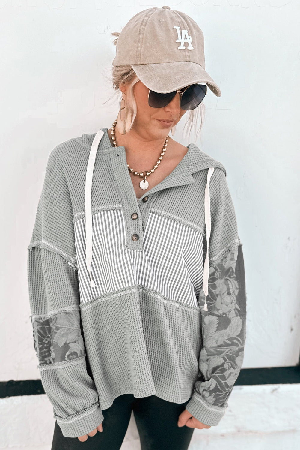 White Waffle Printed Patchwork Drawstring Hooded Long Sleeve Top