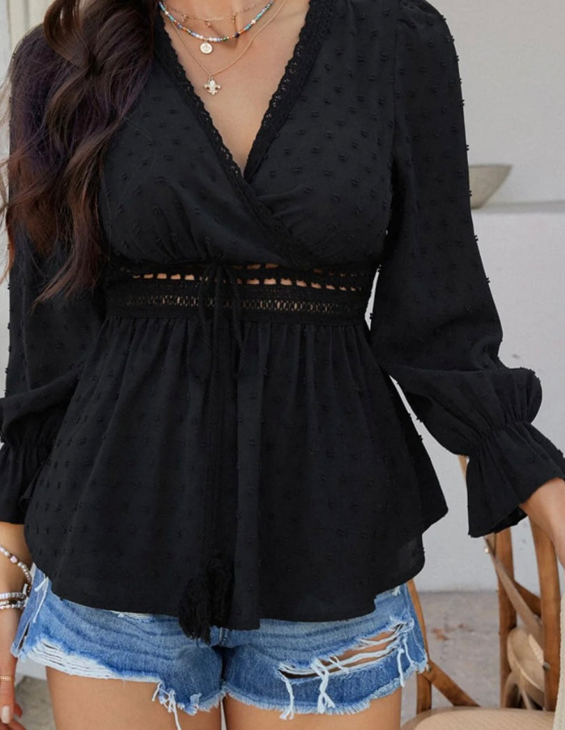 Devine Swiss Dot Lace Detail Surplice Flounce Sleeve Blouse