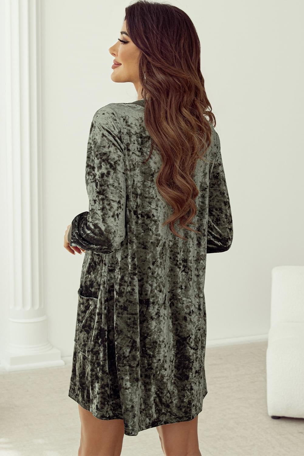 Jungle Green Velvet 
long sleeve V neck loose dress
