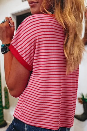 RIGHT ON TRACK PINK STRIPE KNITTED T-SHIRT **SHIPPING EXPECTED TO BEGIN ON DATE 3/10**
