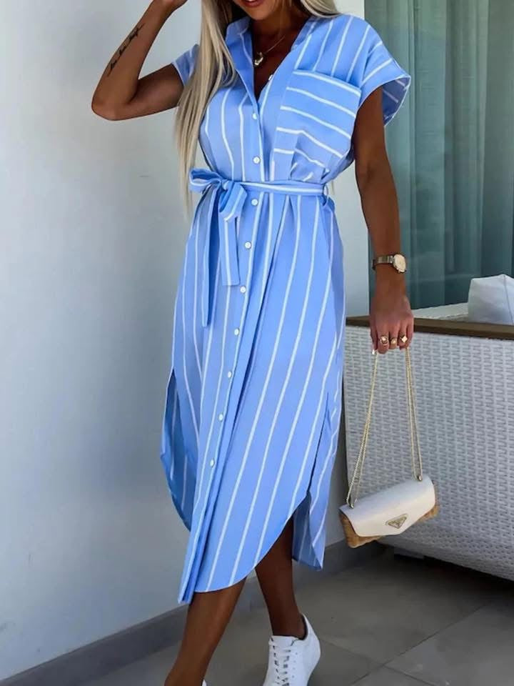 Striped Tie Waist Short Sleeve Dress