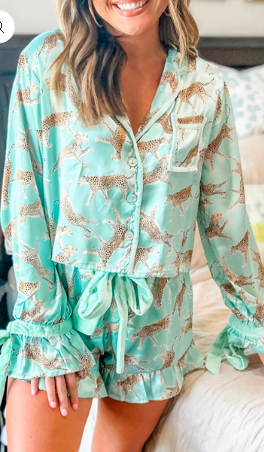 Leopard Satin Ruffle Pajama Set