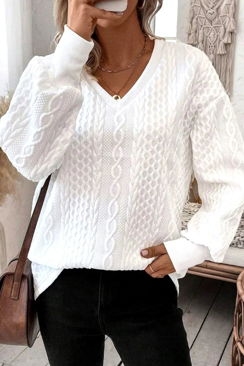 FROSTY MORNING WHITE TEXTURED KNIT V-NECK BLOUSE **SHIPPING EXPECTED TO BEGIN ON DATE 10/29**