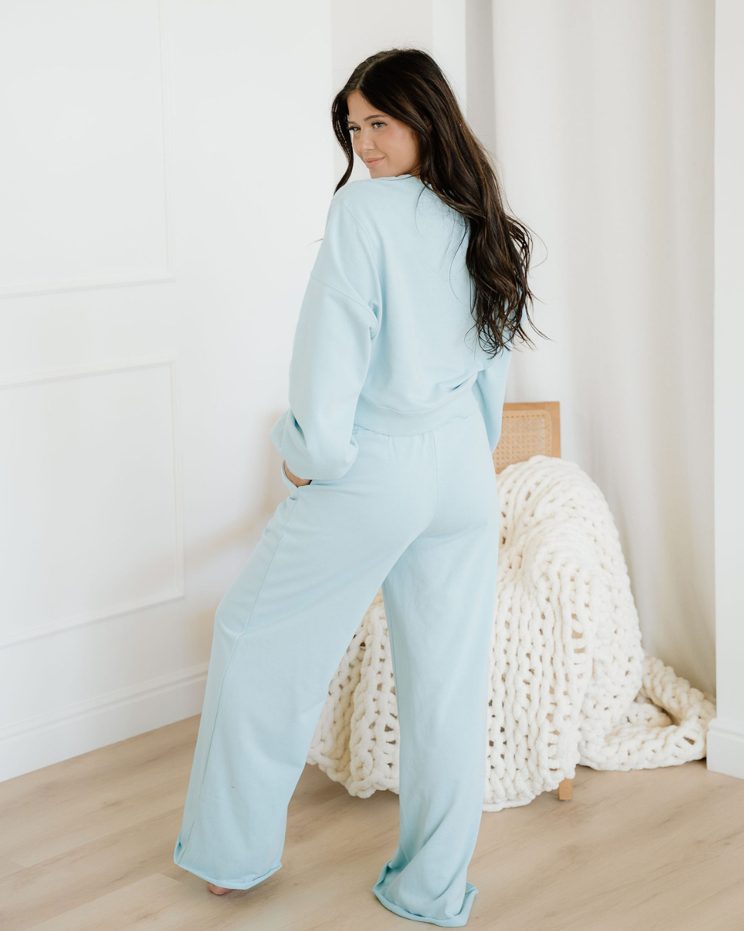 Miles Crop Pullover Drawstring Wide Leg Pants Set - Blue Indie & Co.