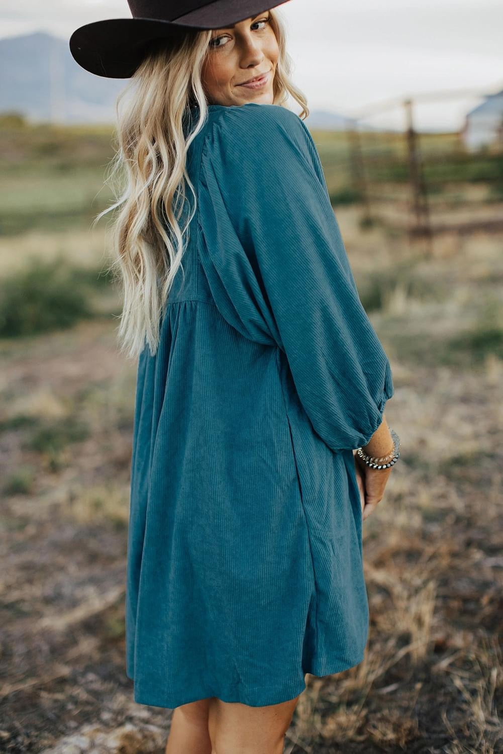 Complete Satisfaction Corduroy Snap Buttons Bracelet Sleeve Dress
