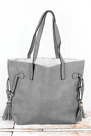 Faux Leather Slide Tassel Tote
