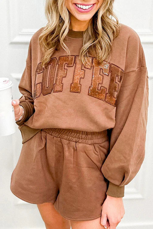 ALWAYS COFFEE TIME LOOSE FIT SWEATSHIRT AND SHORTS SET **SHIPPING EXPECTED TO BEGIN ON DATE 8/10** Wholesale accessory market