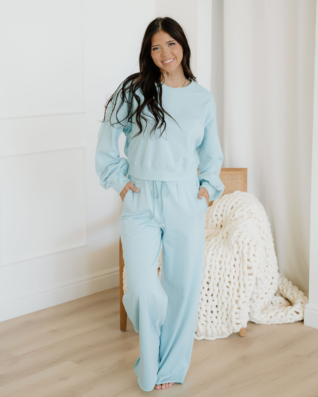 Miles Crop Pullover Drawstring Wide Leg Pants Set - Blue Indie & Co.