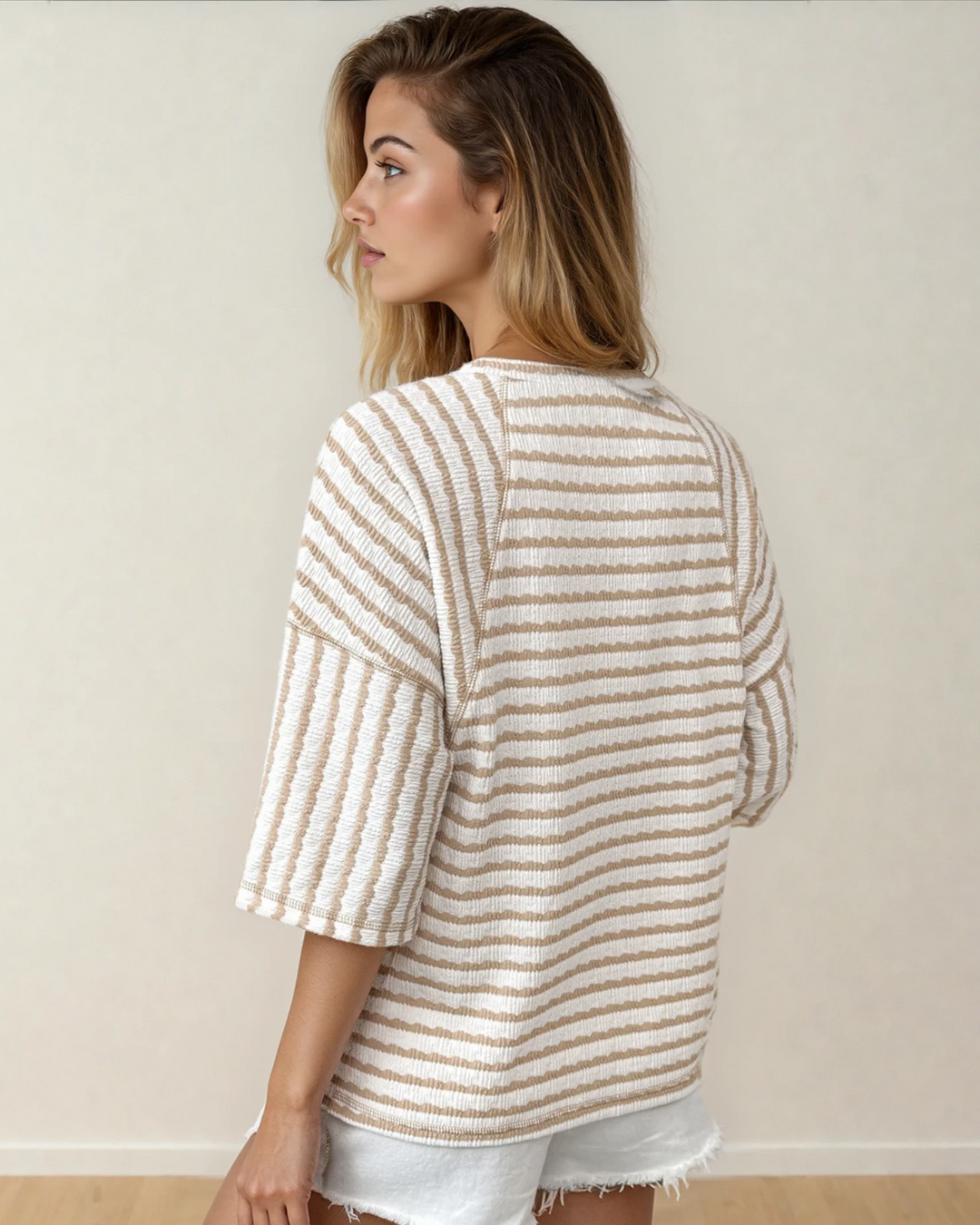 Noelle Textured Knit Split Hem Half Sleeve Loose Top - Apricot Indie & Co.
