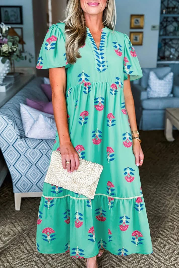 Floral Print Notched Neck Butterfly Sleeve Shift Long Dress