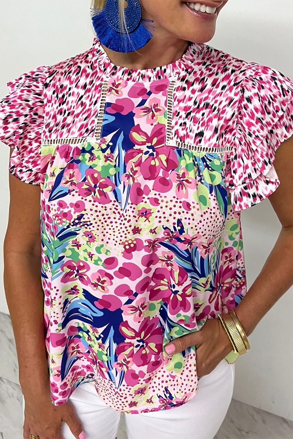 Pink Floral Mixed Ruffle Cap Sleeve Blouse