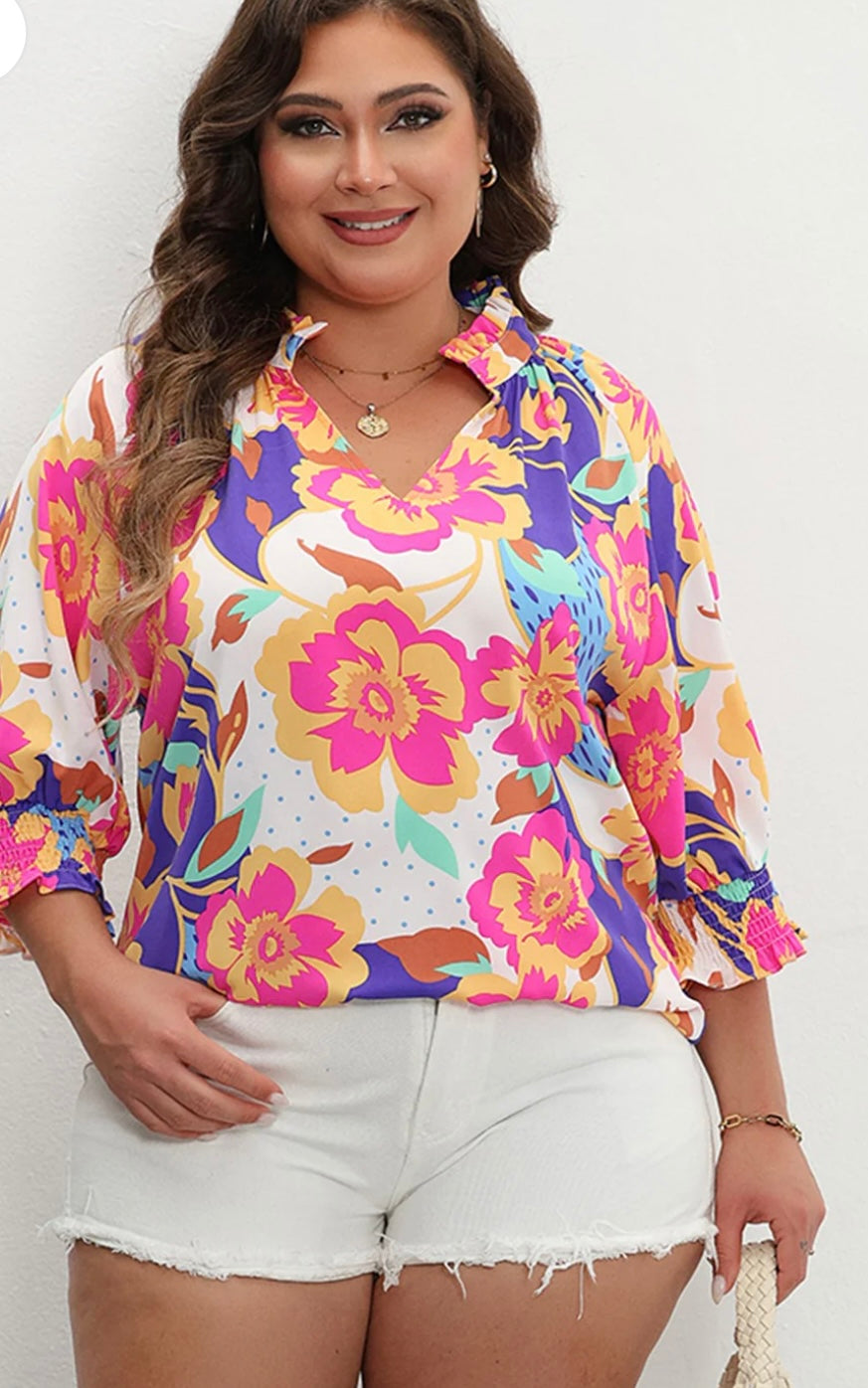 Plus Size Floral Split Neck Puff Sleeve Blouse