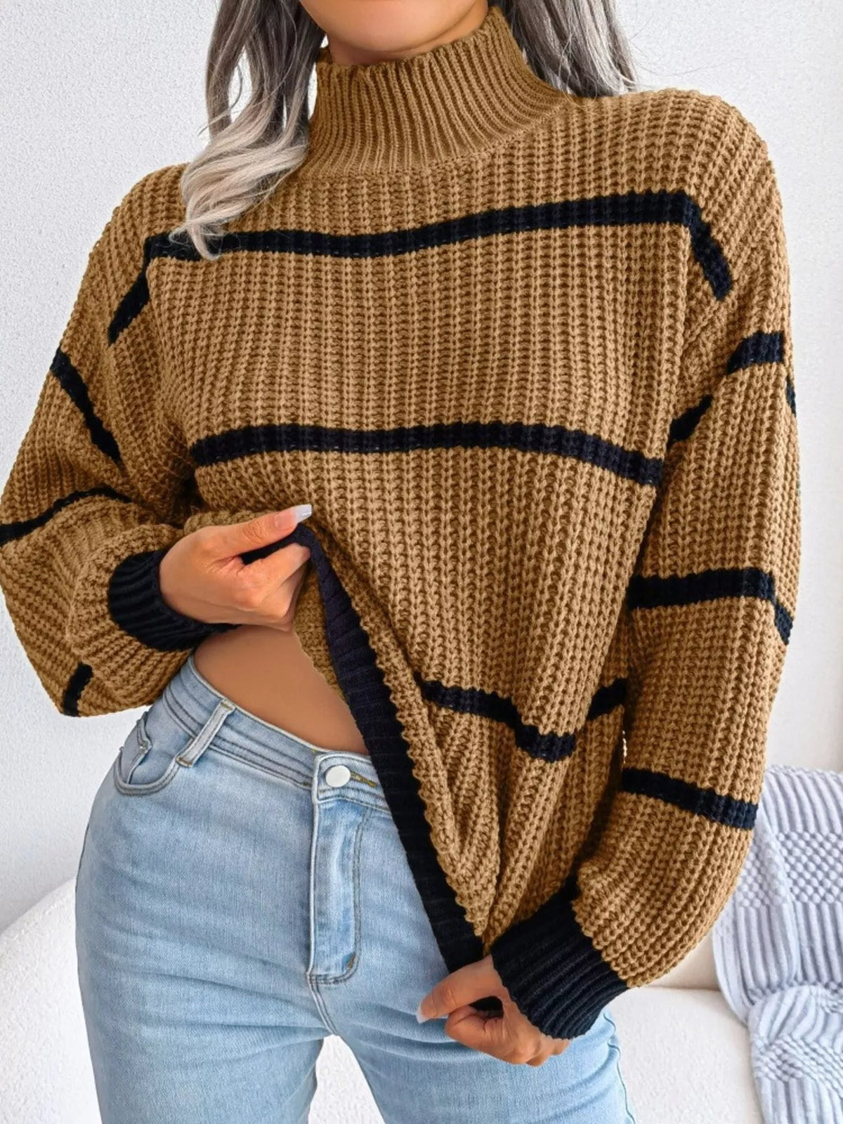 Full Size Striped Mock Neck Knit Sweater Plus Size