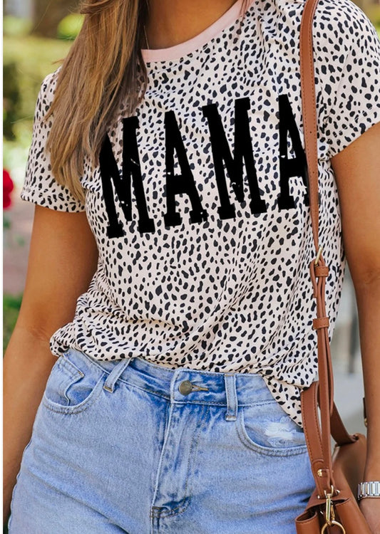 MAMA Animal Print Round Neck Short Sleeve T-Shirt