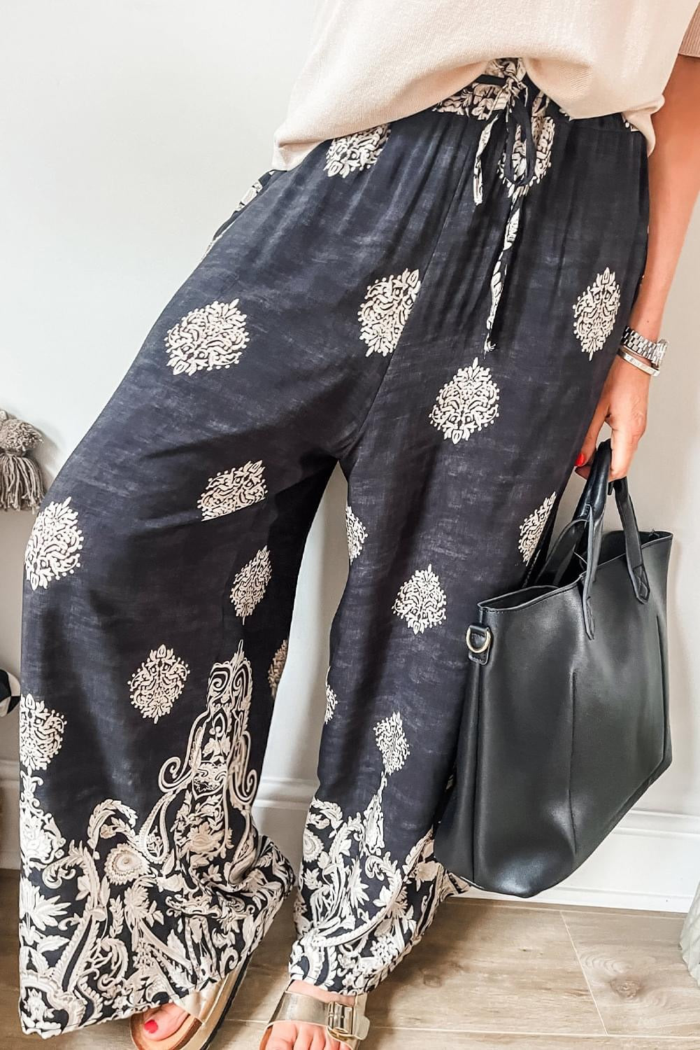 Boho Drawstring  Waist Wide Leg Pants