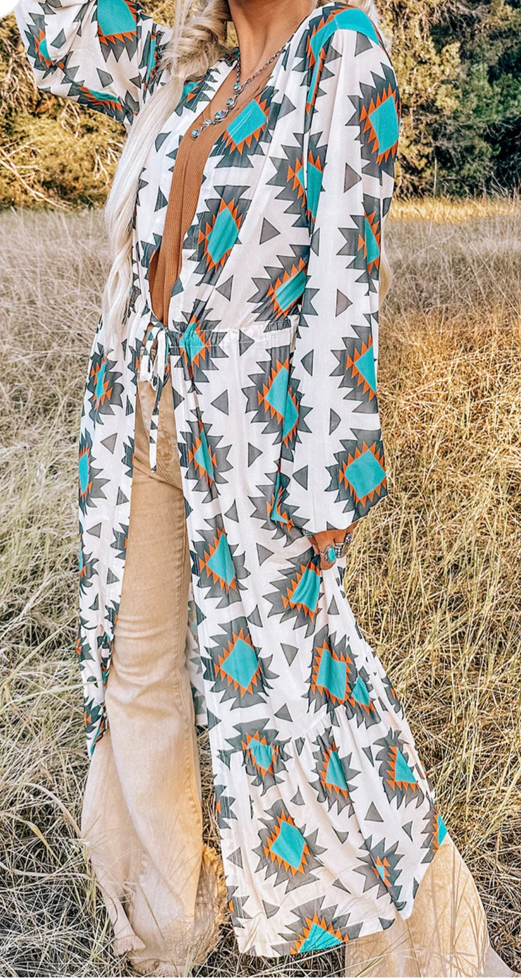 Western Aztec Print Duster Open Front Cardigan
