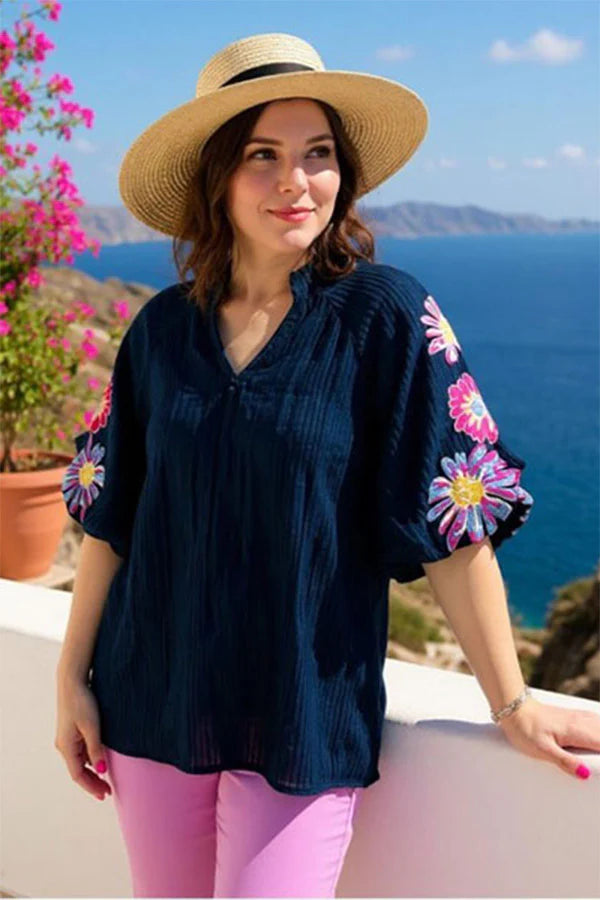Flower Embroidered Puff Sleeve Top