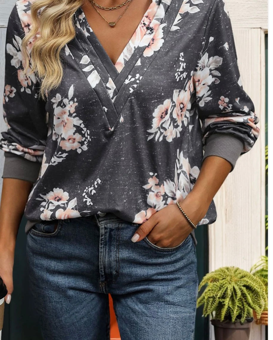 Printed V-Neck Long Sleeve Sweatshirt
