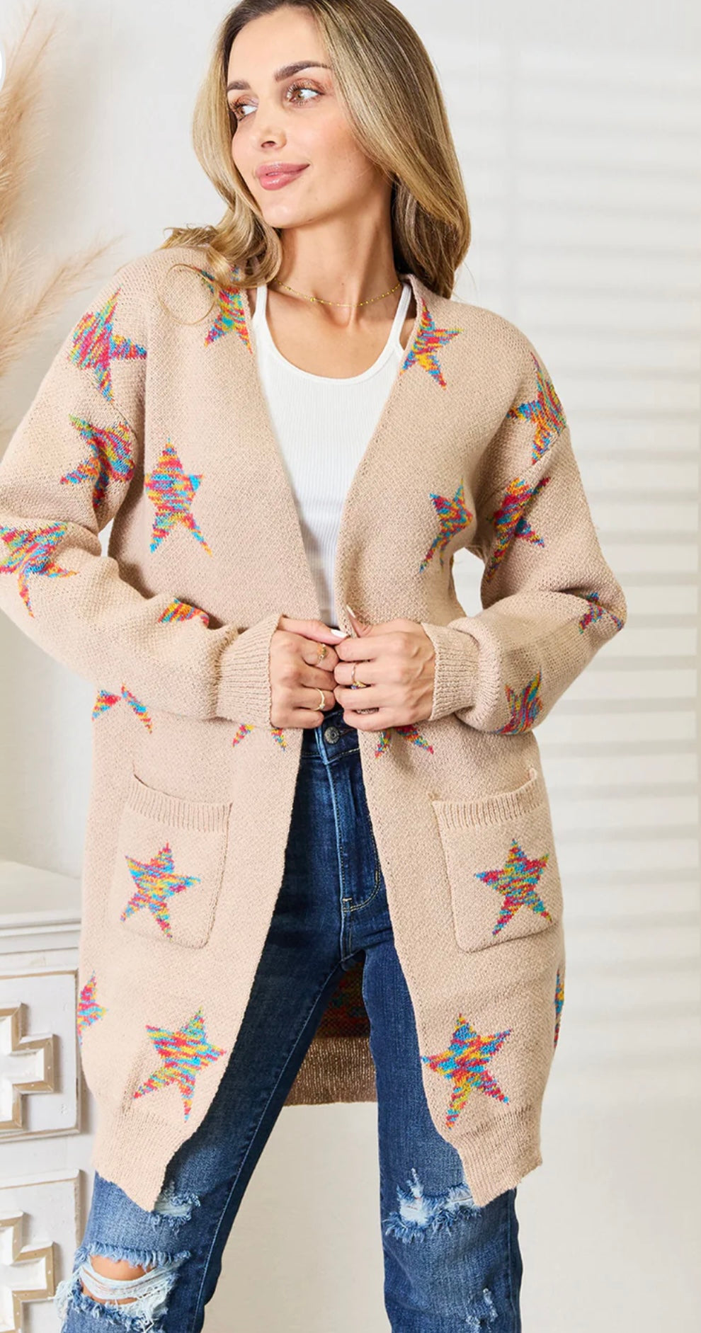 Star Pattern Front Longline Cardigan