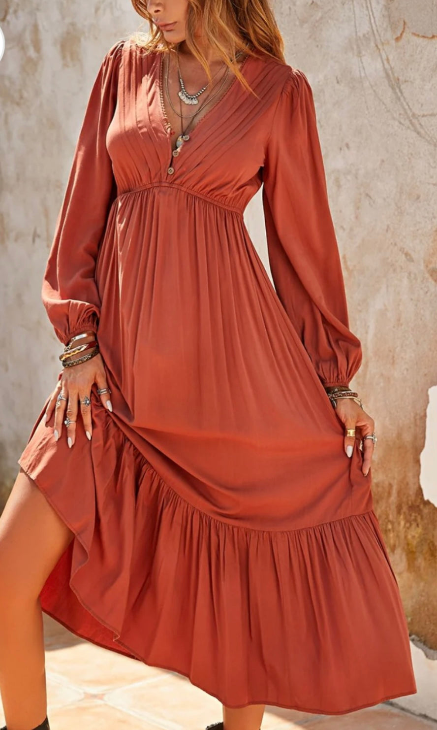 Ruched V-Neck Long Sleeve Midi Dress