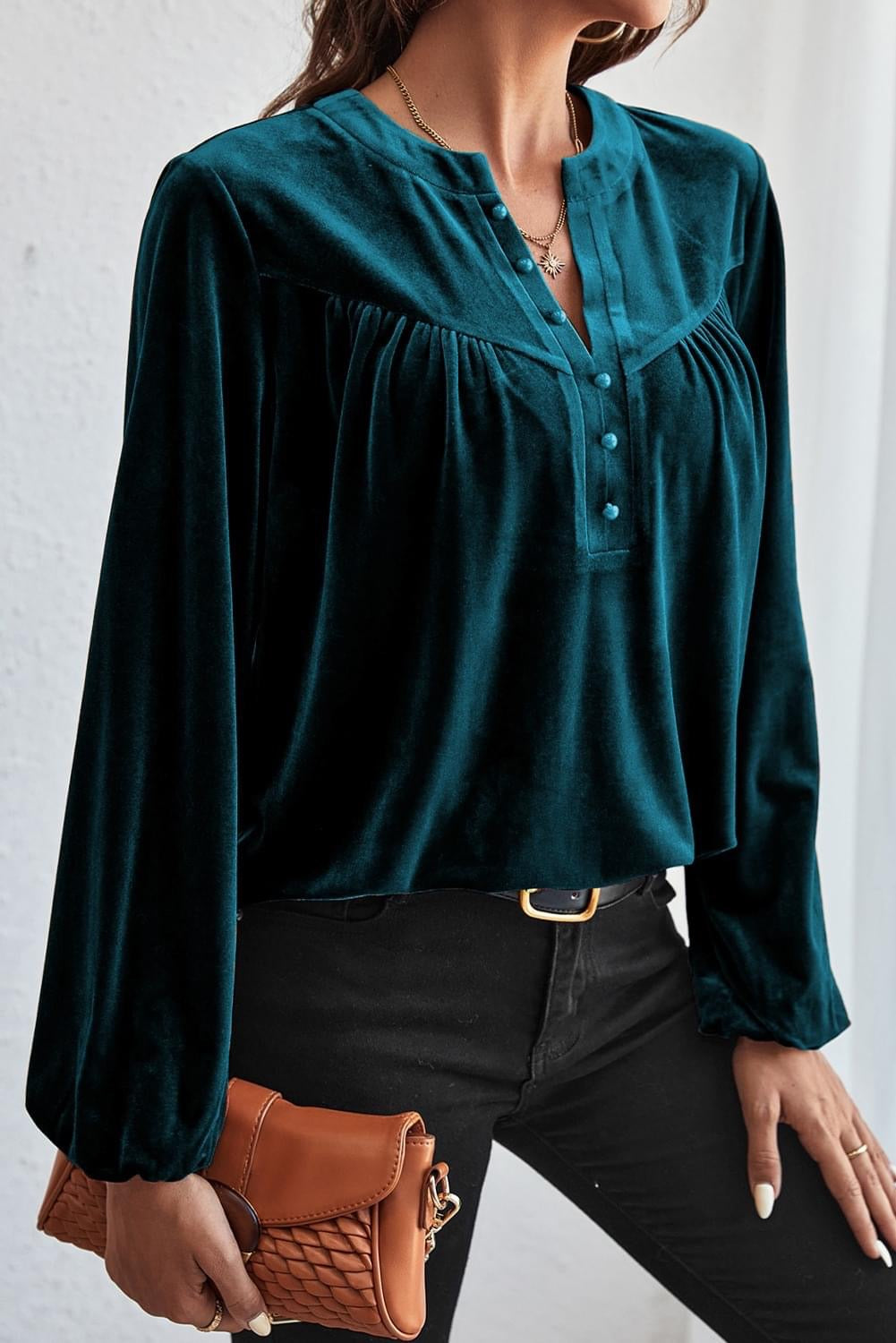 Unique Charm Gold Flame Lantern beaded 
v neck velvet Top