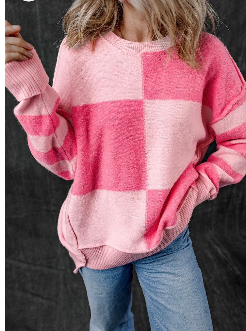 Pink Checkered Striped Sleeve Sweater