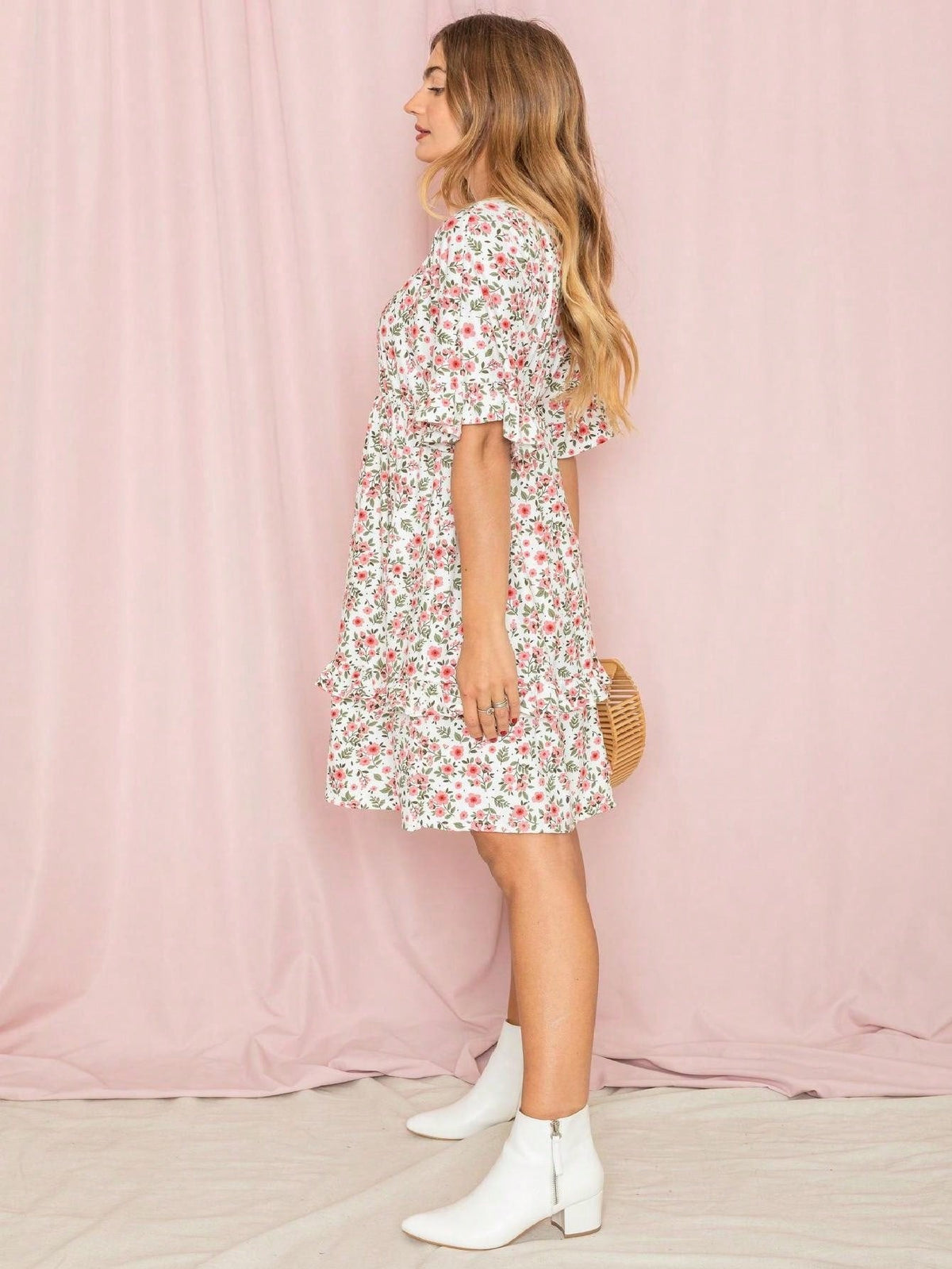 Vintage Navy Pink Yellow White Charcoal Floral Ruffle Trim Midi Dress | S-3X
