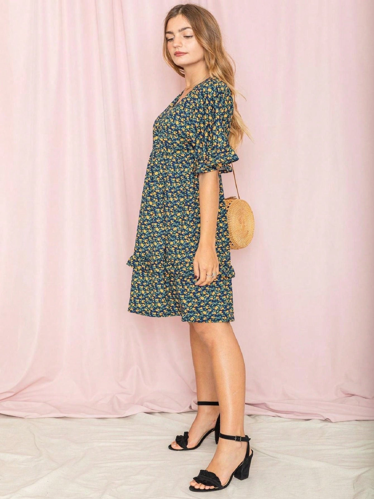 Vintage Navy Pink Yellow White Charcoal Floral Ruffle Trim Midi Dress | S-3X
