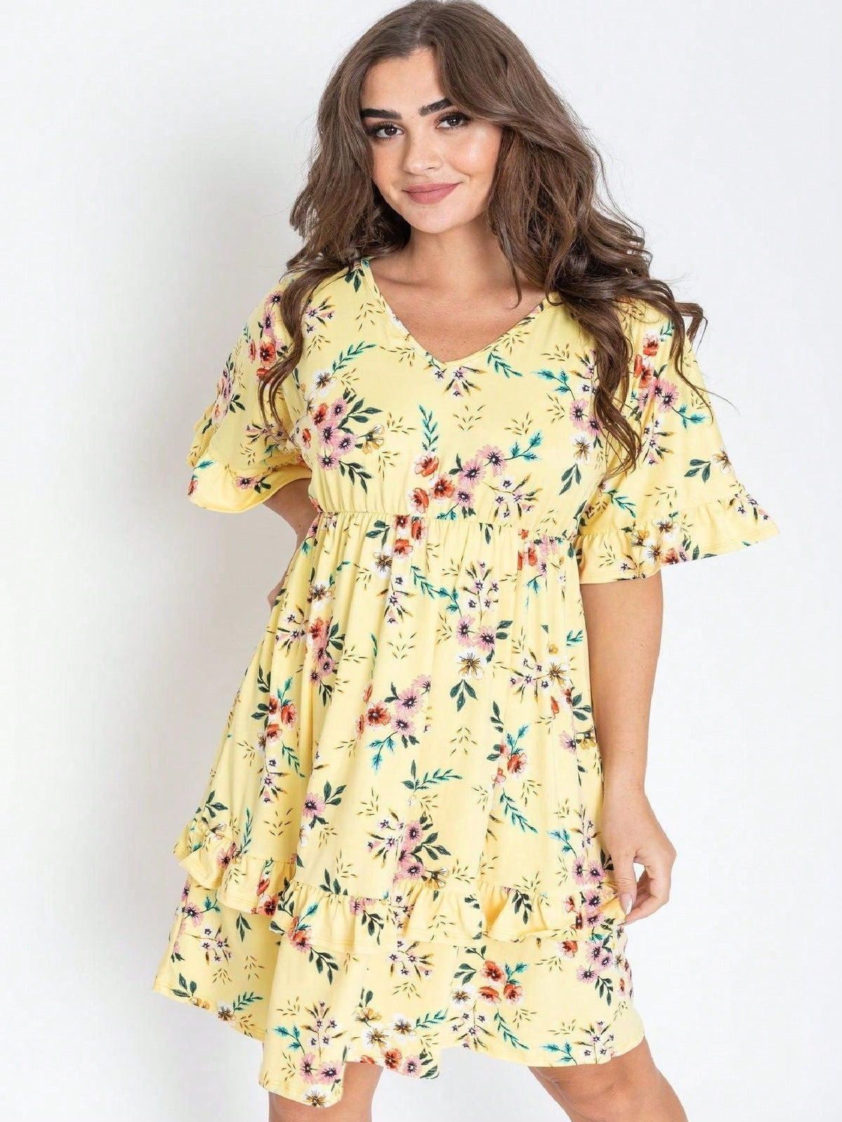 Vintage Navy Pink Yellow White Charcoal Floral Ruffle Trim Midi Dress | S-3X