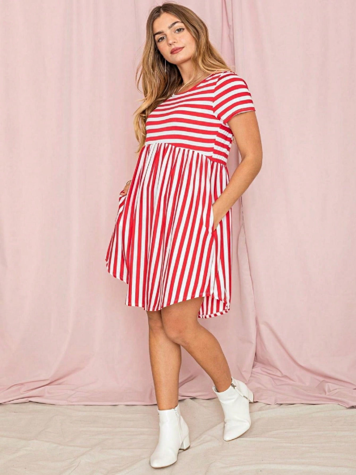 Vintage Boho Summer Fall Mustard Grey Red Blue Black Green Stripe Swing T Shirt Sleeve Southern Dress | Small-3 XL Plus