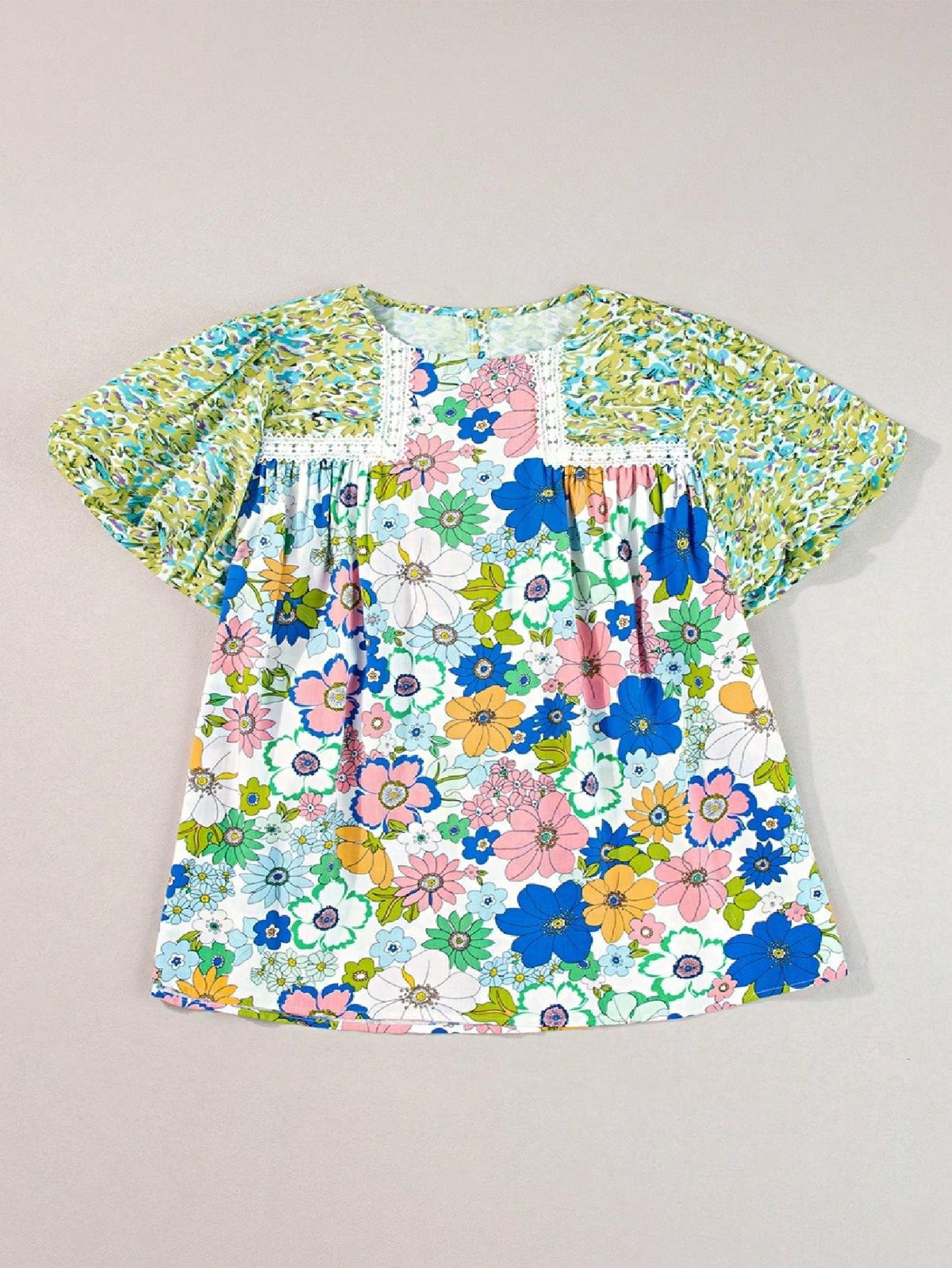 Boho Retro Green Floral Crochet Trimmed Viscose Back Pleated 60's Viscose Soft Top Shirt Blouse