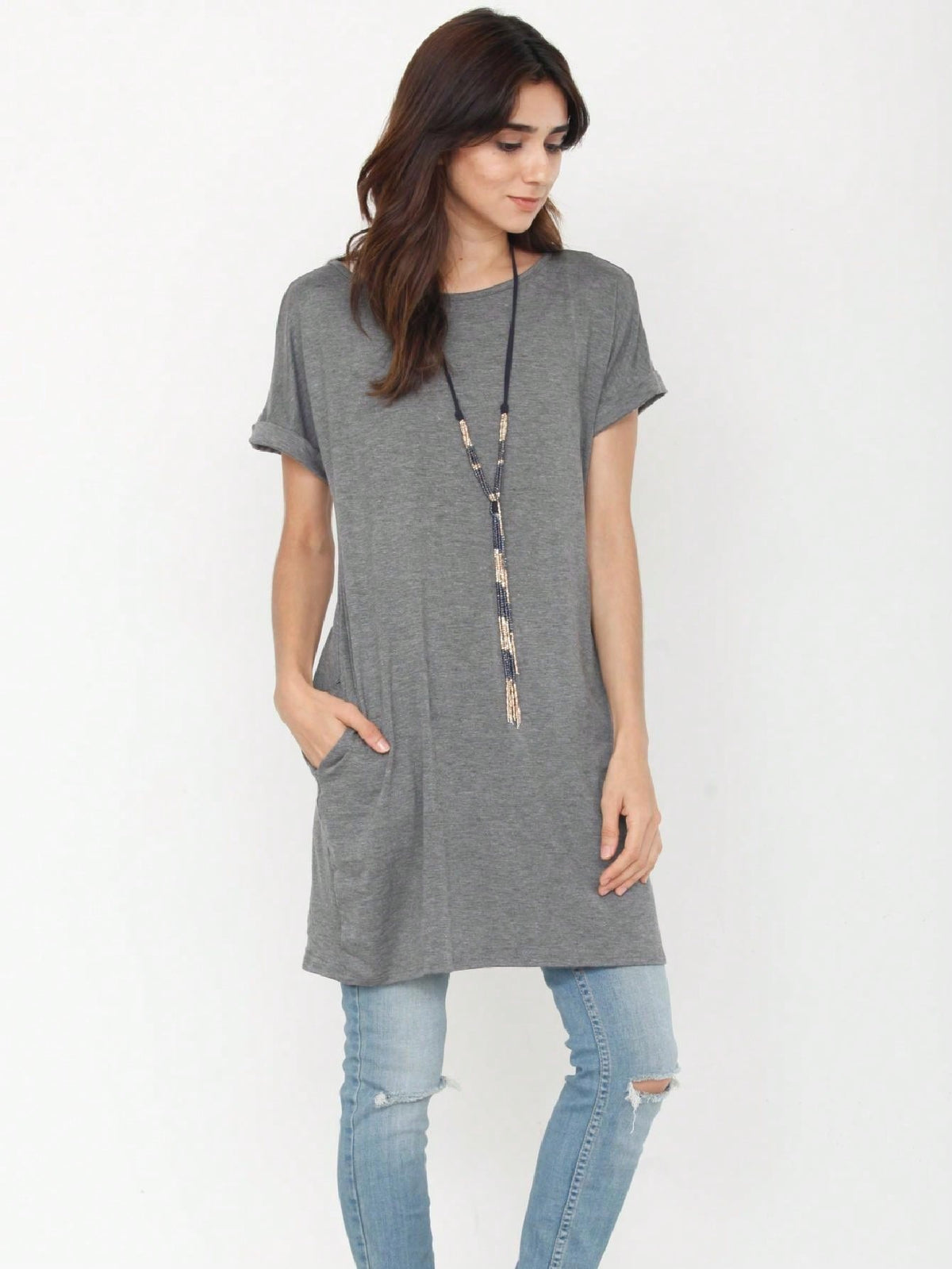 Boho Retro Rayon Cool Soft Summer Cuff Short Sleeve Crew Neck T Shirt Mini Dress Tunic With Pockets