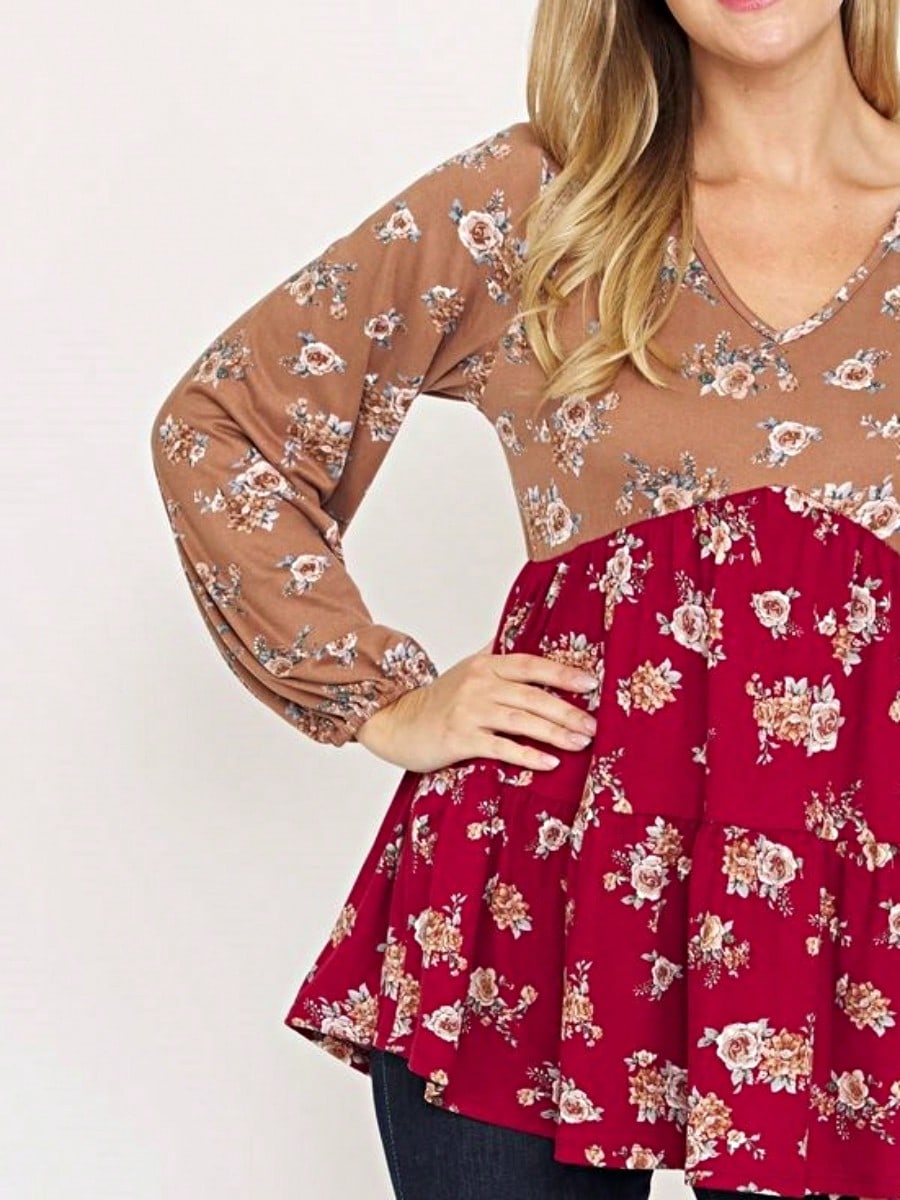 Boho Retro 90's Vintage Ditsy Floral V Neck Empire Waist  Bubble Puff Long Sleeve Tunic Top
