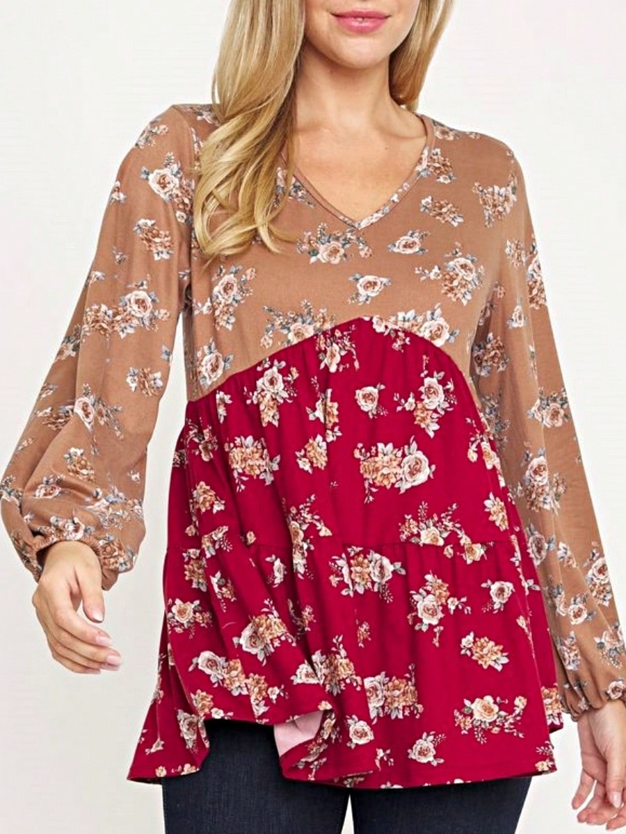 Boho Retro 90's Vintage Ditsy Floral V Neck Empire Waist  Bubble Puff Long Sleeve Tunic Top