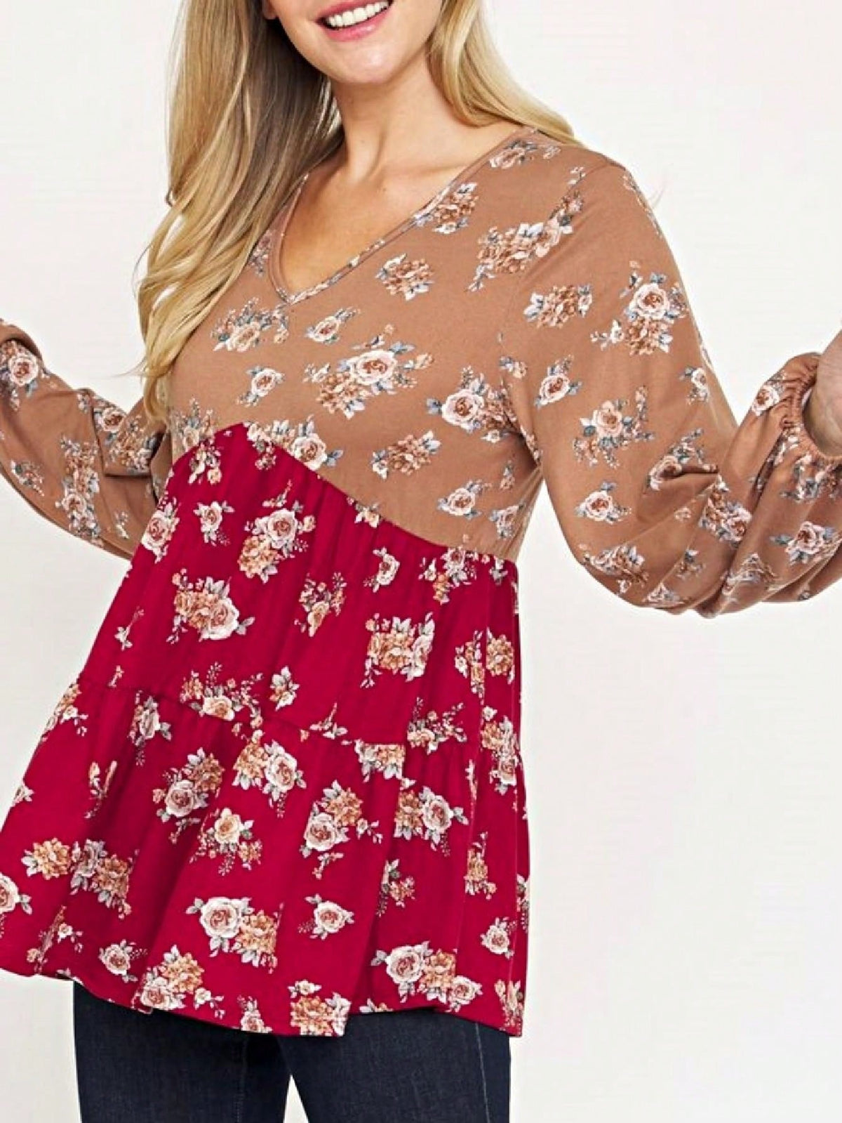 Boho Retro 90's Vintage Ditsy Floral V Neck Empire Waist  Bubble Puff Long Sleeve Tunic Top
